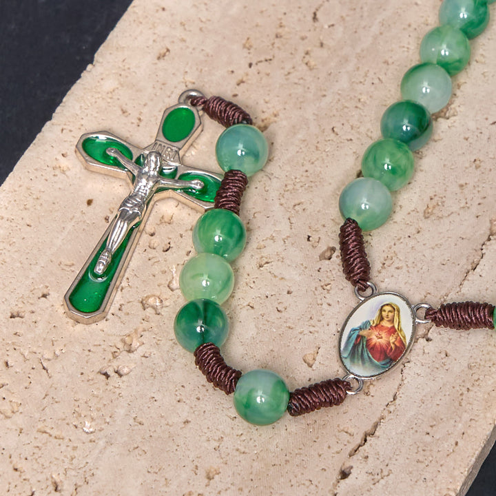 Immaculate Heart of Mary & Crucifix of 10 mm Round Green Acrylic Nylon Cord Rosary