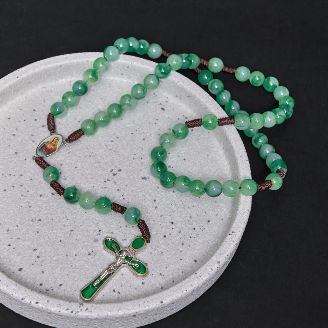 Immaculate Heart of Mary & Crucifix of 10 mm Round Green Acrylic Nylon Cord Rosary