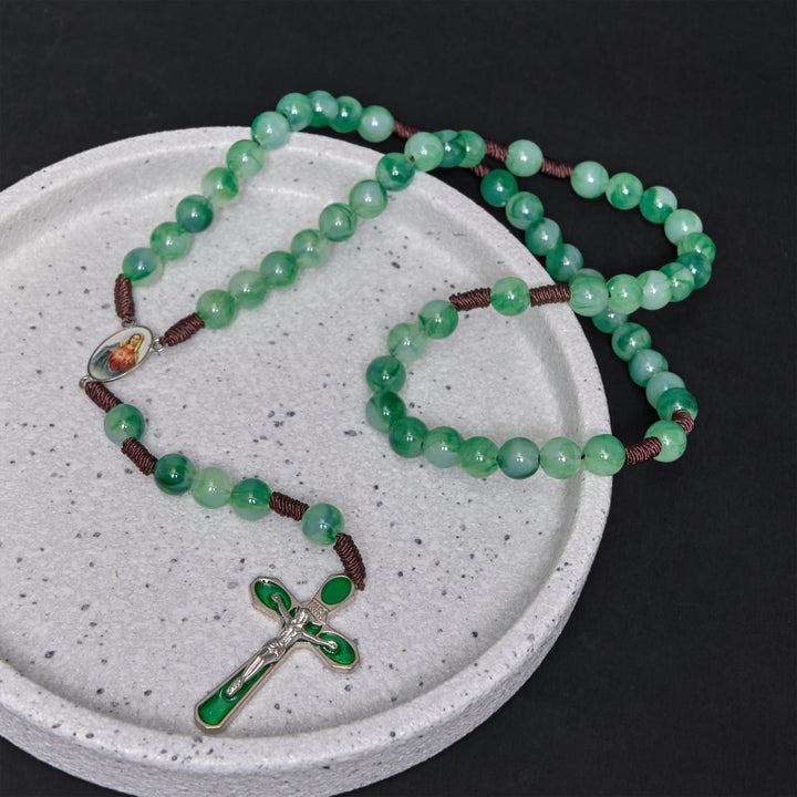 Immaculate Heart of Mary & Crucifix of 10 mm Round Green Acrylic Nylon Cord Rosary