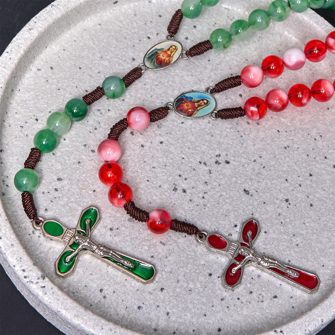 Immaculate Heart of Mary & Crucifix of 10 mm Round Red Acrylic Nylon Cord Rosary