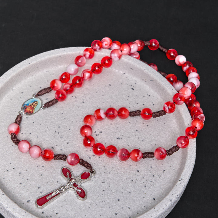 Immaculate Heart of Mary & Crucifix of 10 mm Round Red Acrylic Nylon Cord Rosary