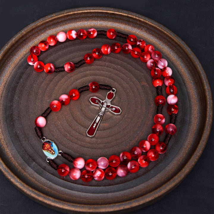 Immaculate Heart of Mary & Crucifix of 10 mm Round Red Acrylic Nylon Cord Rosary