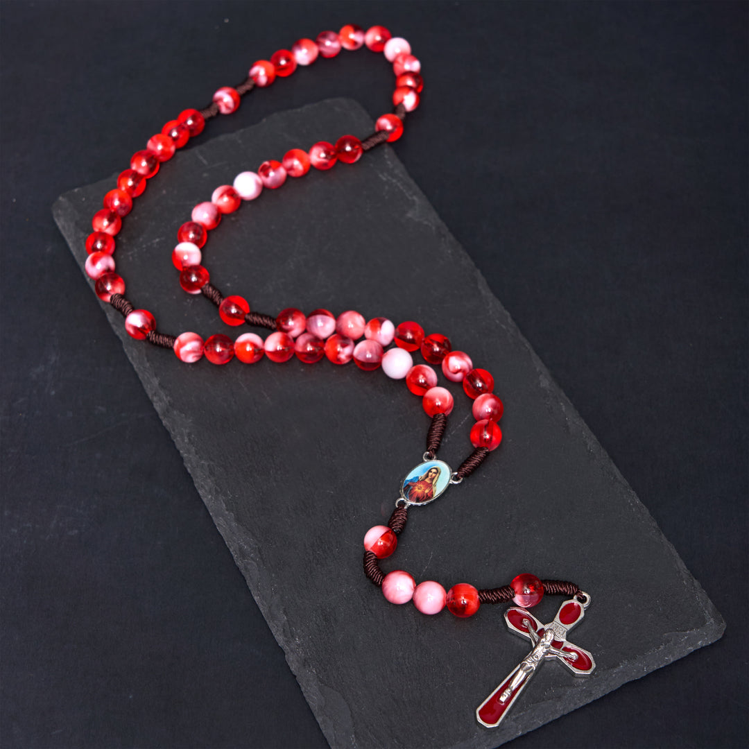 Immaculate Heart of Mary & Crucifix of 10 mm Round Red Acrylic Nylon Cord Rosary