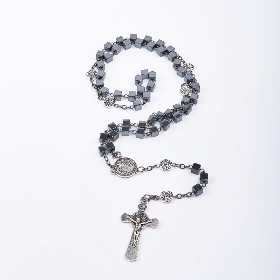 St. Benedict Medal & Crucifix of 6 mm Square Black Gallstone Alloy Chain Rosary
