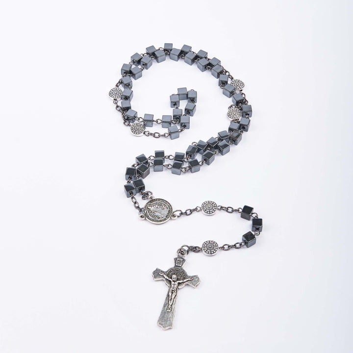 St. Benedict Medal & Crucifix of 6 mm Square Black Gallstone Alloy Chain Rosary