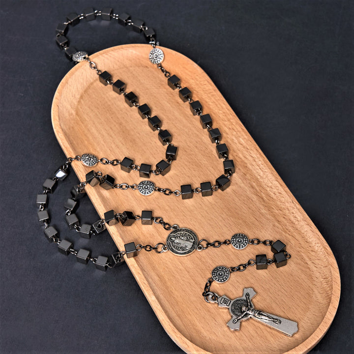 St. Benedict Medal & Crucifix of 6 mm Square Black Gallstone Alloy Chain Rosary