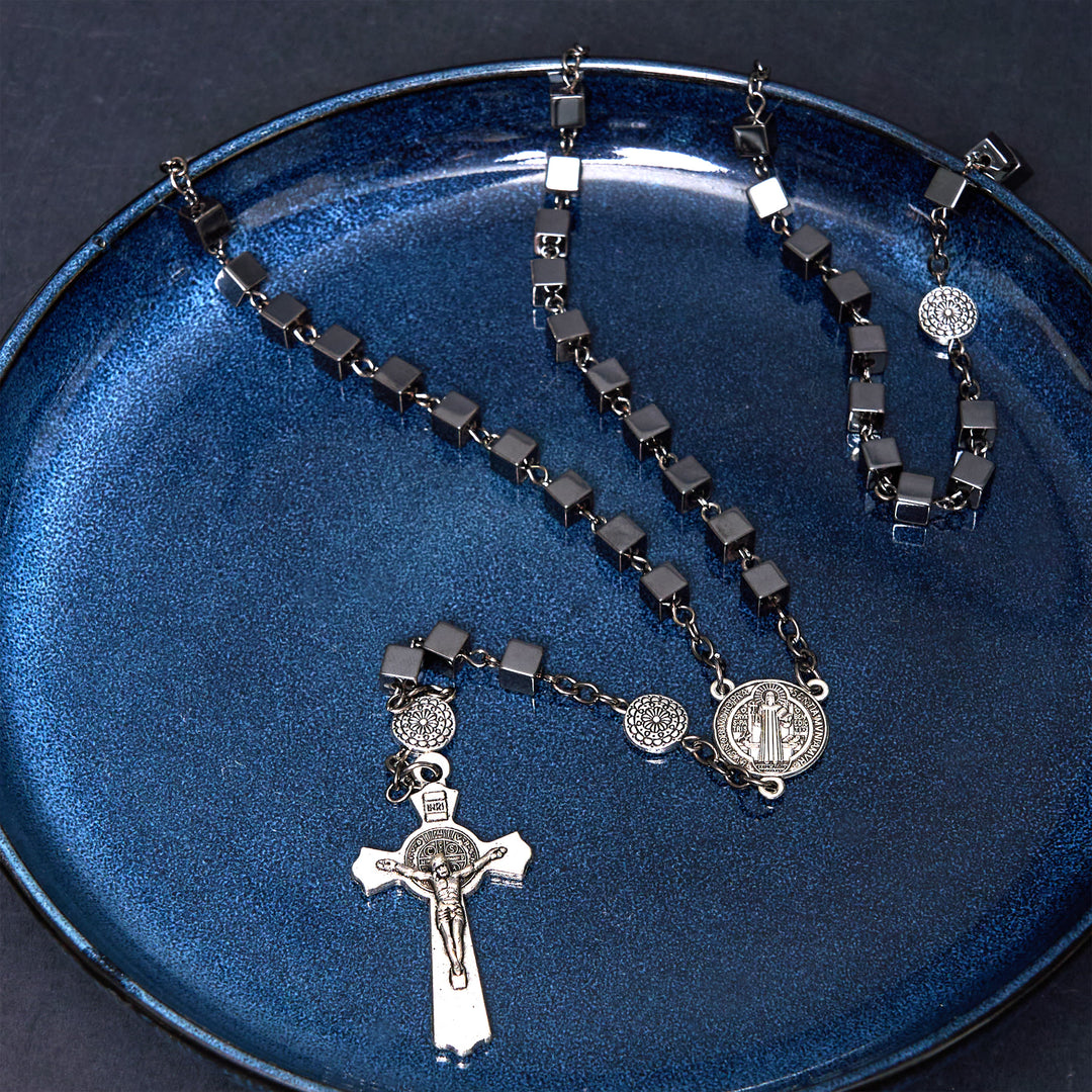 St. Benedict Medal & Crucifix of 6 mm Square Black Gallstone Alloy Chain Rosary