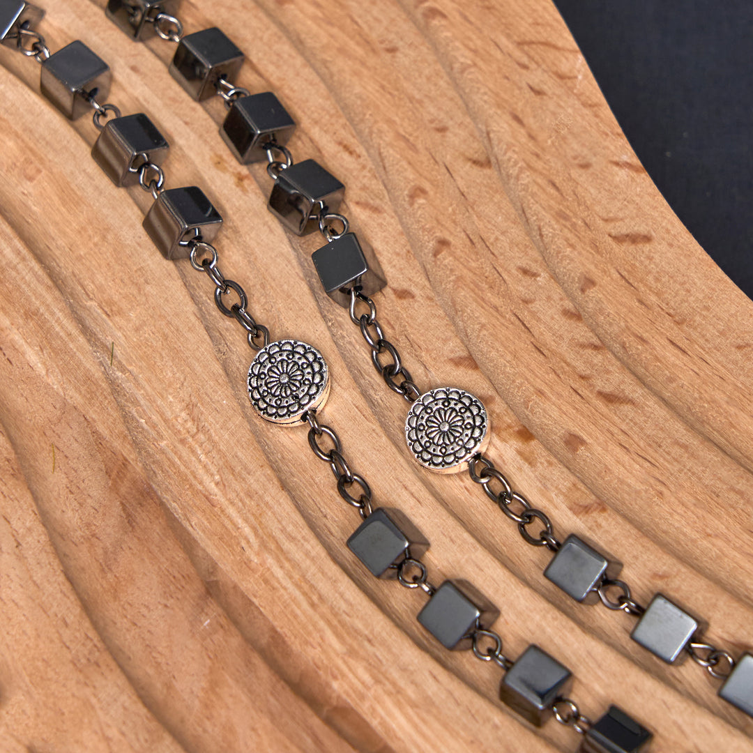 St. Benedict Medal & Crucifix of 6 mm Square Black Gallstone Alloy Chain Rosary
