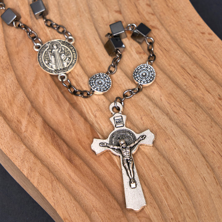 St. Benedict Medal & Crucifix of 6 mm Square Black Gallstone Alloy Chain Rosary