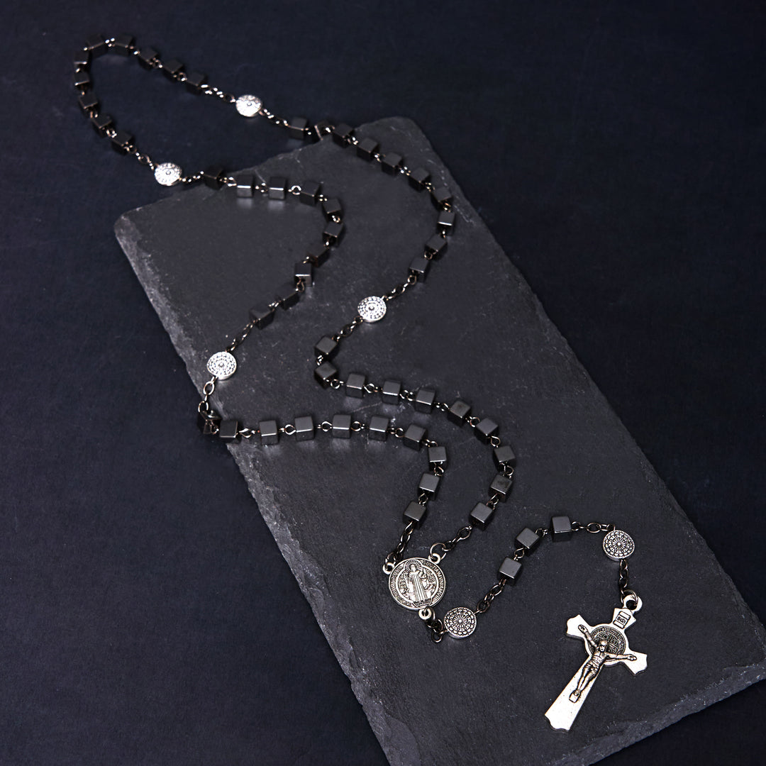 St. Benedict Medal & Crucifix of 6 mm Square Black Gallstone Alloy Chain Rosary