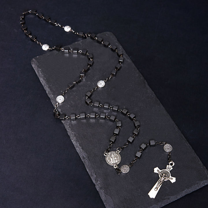 St. Benedict Medal & Crucifix of 6 mm Square Black Gallstone Alloy Chain Rosary