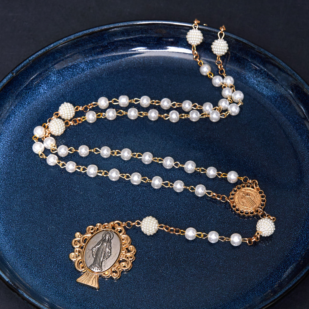 St. Benedict Medal & Miraculous Medal of 6*10 mm Round White Pearl Alloy Chain Rosary