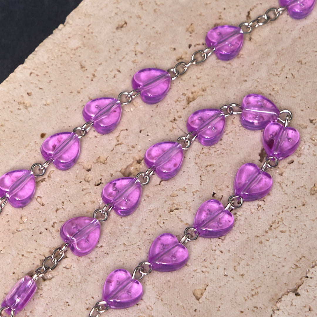 Our Lady of the Rosary & Crucifix of 8 mm Heart Purple Acrylic Alloy Chain Rosary