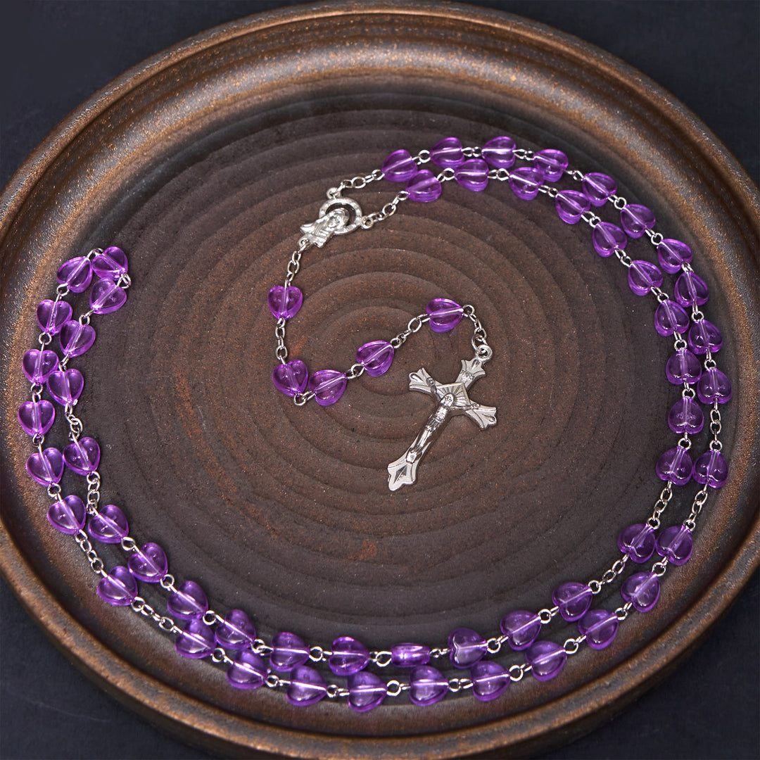 Our Lady of the Rosary & Crucifix of 8 mm Heart Purple Acrylic Alloy Chain Rosary