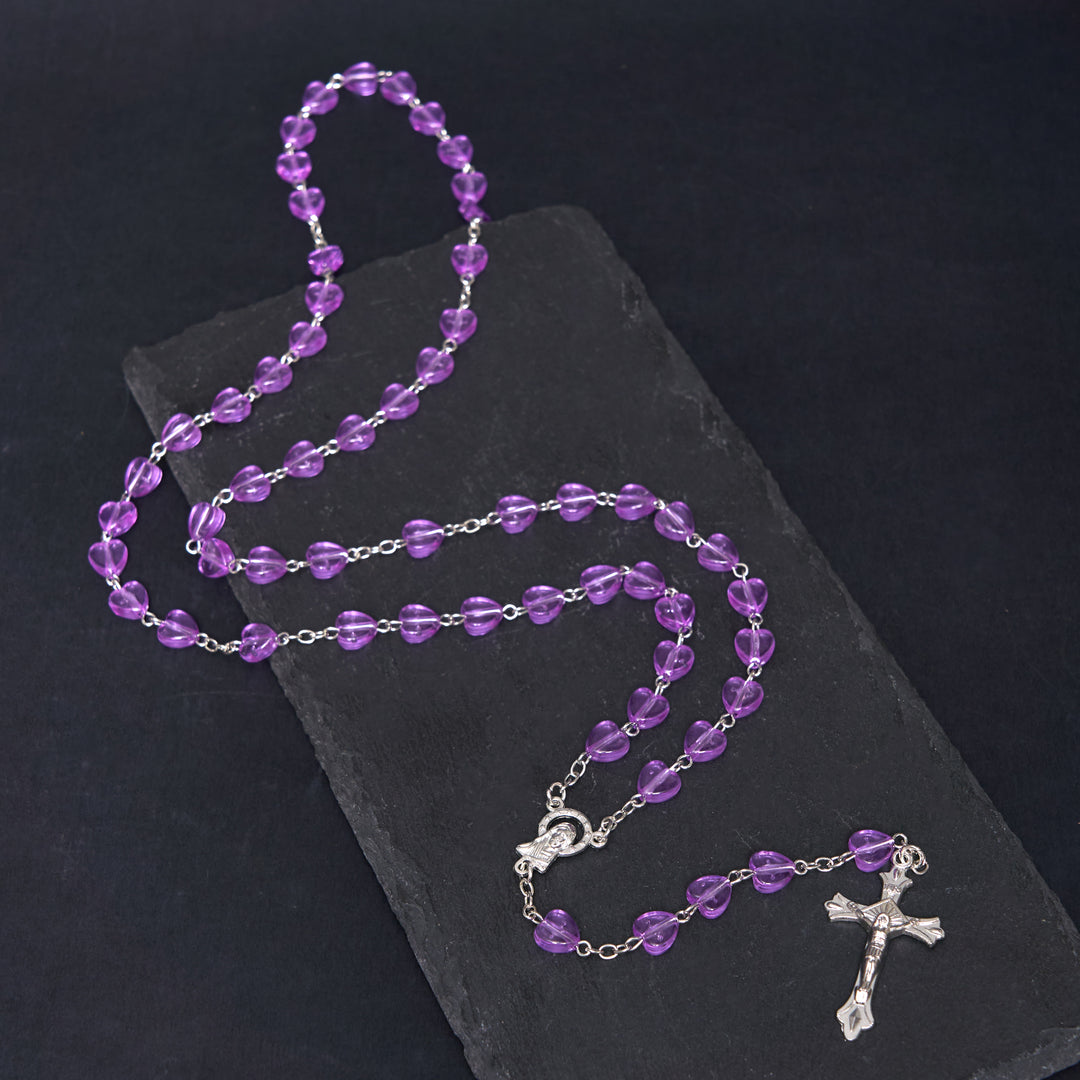 Our Lady of the Rosary & Crucifix of 8 mm Heart Purple Acrylic Alloy Chain Rosary