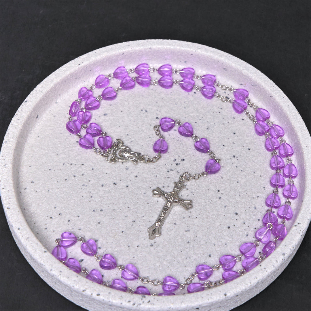 Our Lady of the Rosary & Crucifix of 8 mm Heart Purple Acrylic Alloy Chain Rosary