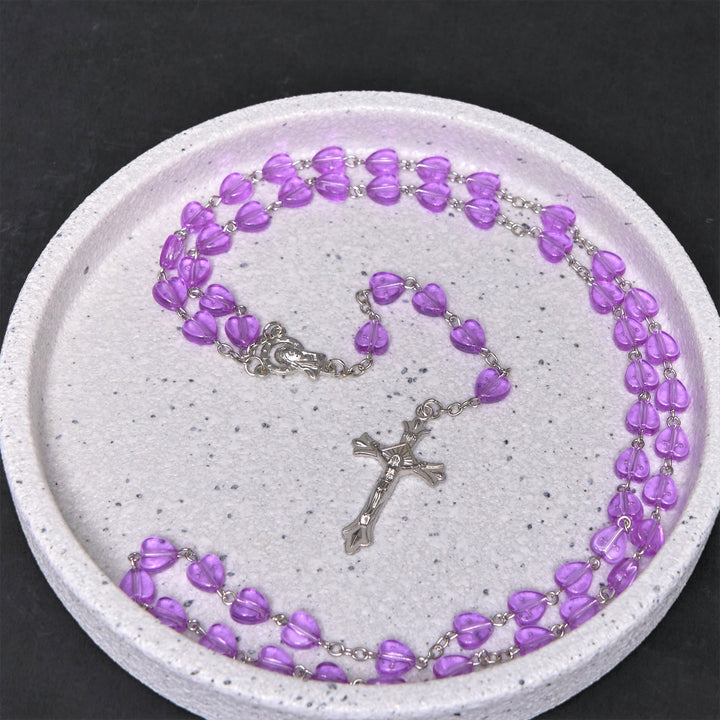 Our Lady of the Rosary & Crucifix of 8 mm Heart Purple Acrylic Alloy Chain Rosary
