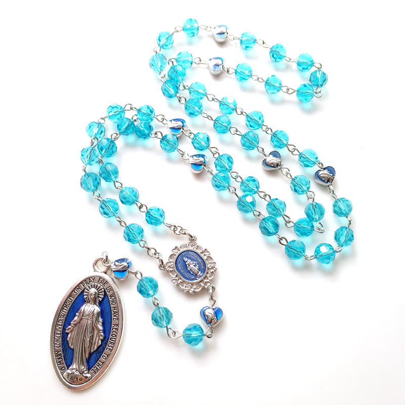 Miraculous Medal of 8 mm Round Blue Glass Cystal Alloy Chain Rosary