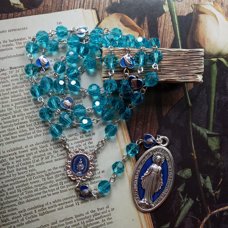 Miraculous Medal of 8 mm Round Blue Glass Cystal Alloy Chain Rosary