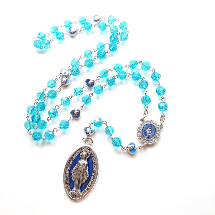 Miraculous Medal of 8 mm Round Blue Glass Cystal Alloy Chain Rosary