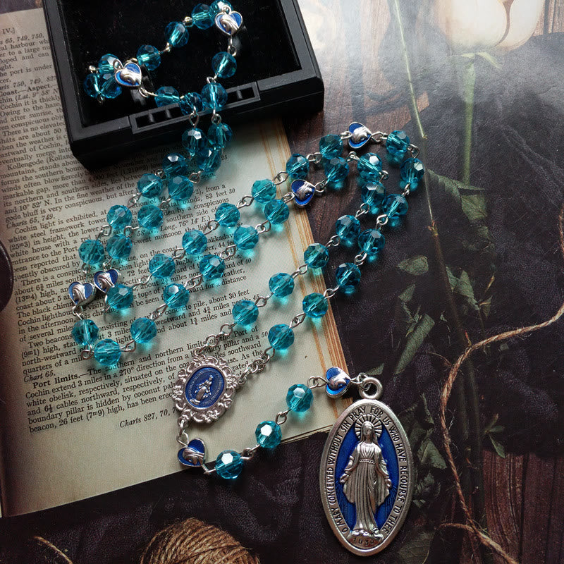 Miraculous Medal of 8 mm Round Blue Glass Cystal Alloy Chain Rosary