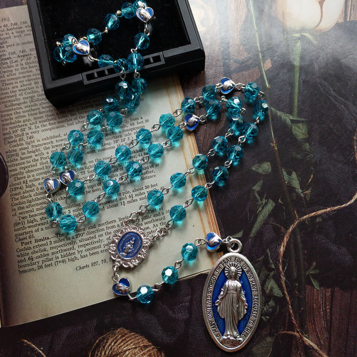 Miraculous Medal of 8 mm Round Blue Glass Cystal Alloy Chain Rosary