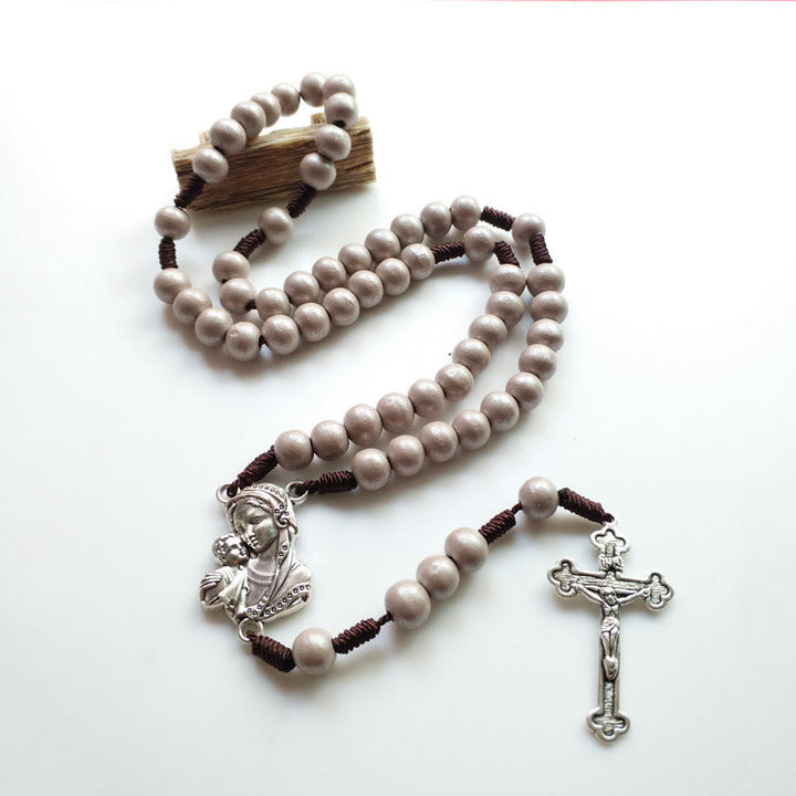 Madonna and Child & Crucifix of 10 mm Round Brown Wood Nylon Cord Rosary