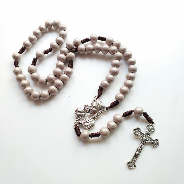 Madonna and Child & Crucifix of 10 mm Round Brown Wood Nylon Cord Rosary