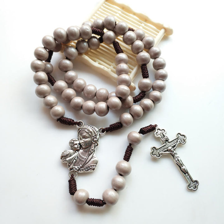 Madonna and Child & Crucifix of 10 mm Round Brown Wood Nylon Cord Rosary