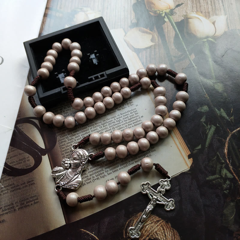 Madonna and Child & Crucifix of 10 mm Round Brown Wood Nylon Cord Rosary