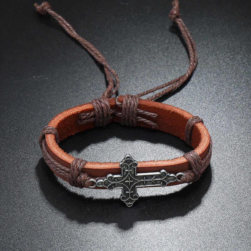 Old Crafted Style Cross Pendant Leather Drawstring Adjustable Faithful Bound Bracelet - image 4