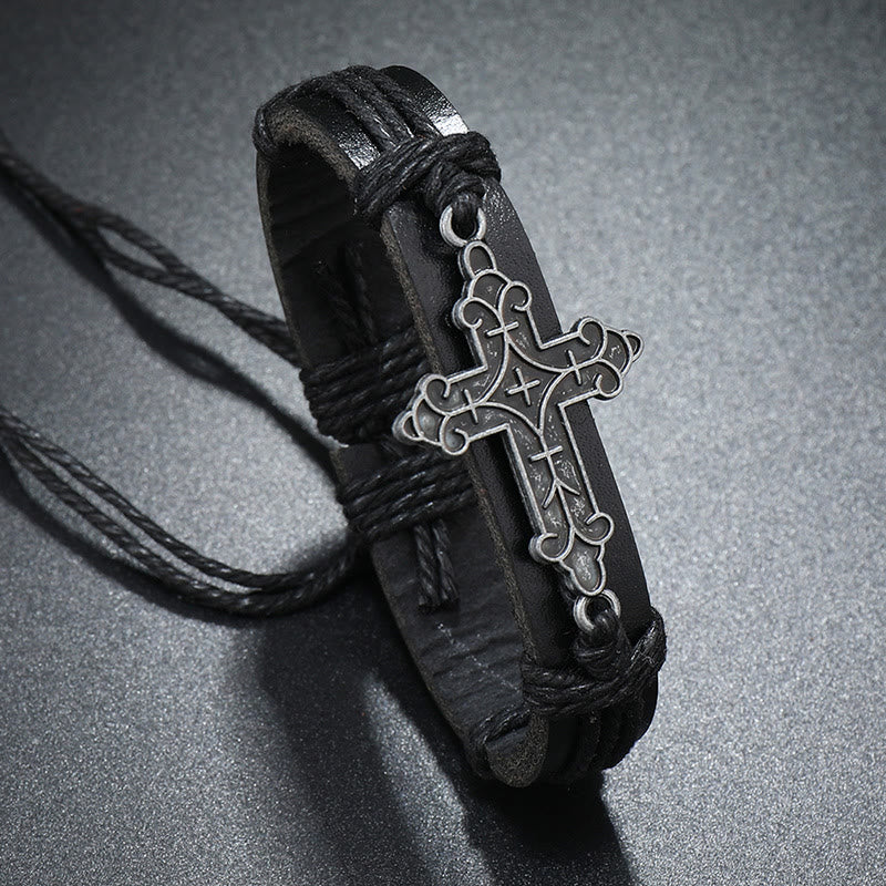 Old Crafted Style Cross Pendant Leather Drawstring Adjustable Faithful Bound Bracelet - Black - image 3