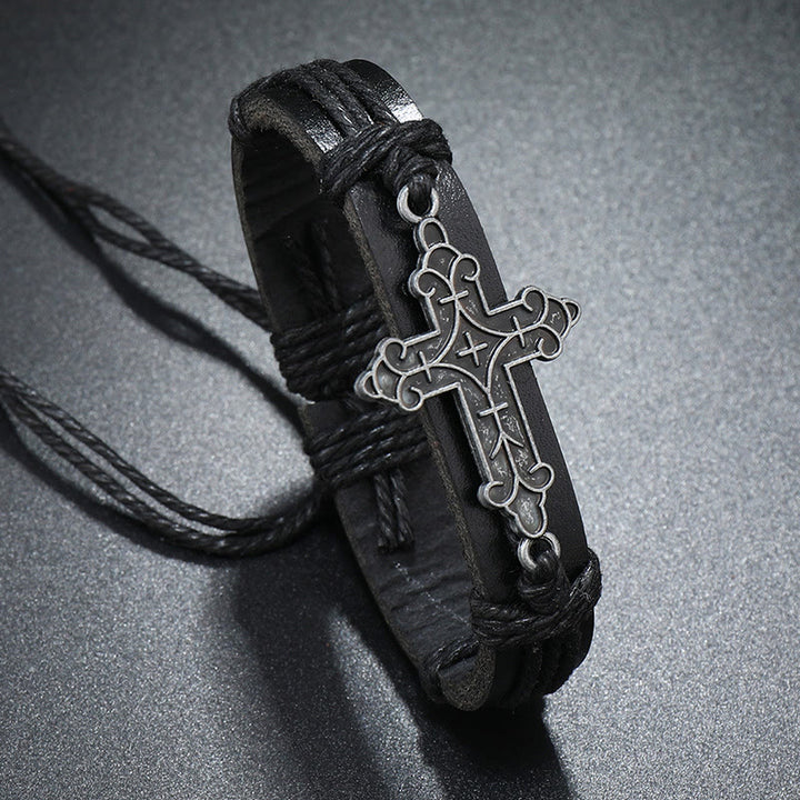 Old Crafted Style Cross Pendant Leather Drawstring Adjustable Faithful Bound Bracelet - Black - image 3