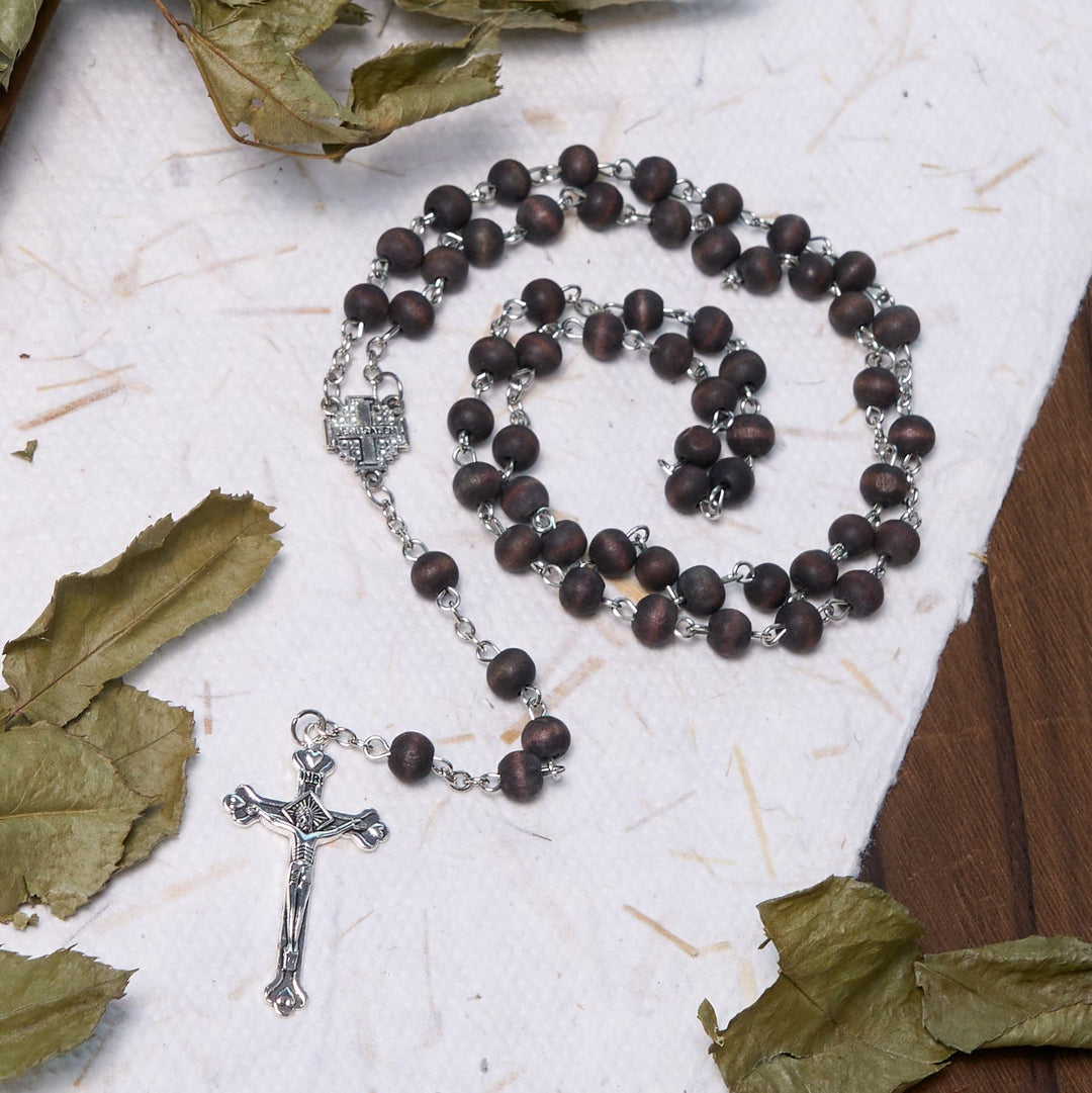 Jerusalem Medal & Crucifix of 7 mm Round White Rosewood Alloy Chain Rosary - Coffee - image 5