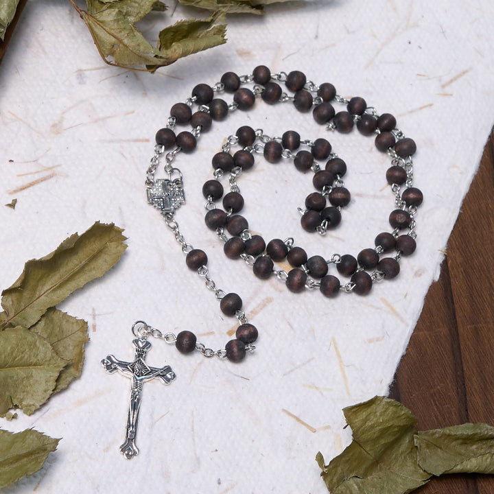 Jerusalem Medal & Crucifix of 7 mm Round White Rosewood Alloy Chain Rosary - Coffee - image 5