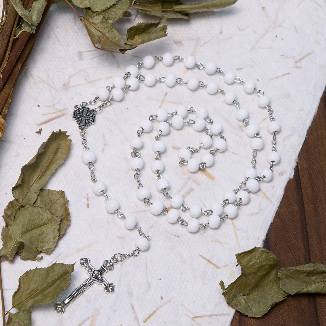 Jerusalem Medal & Crucifix of 7 mm Round White Rosewood Alloy Chain Rosary - image 7