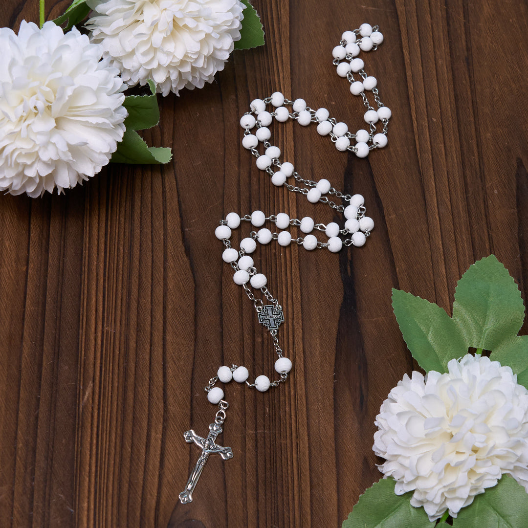 Jerusalem Medal & Crucifix of 7 mm Round White Rosewood Alloy Chain Rosary - White - image 3