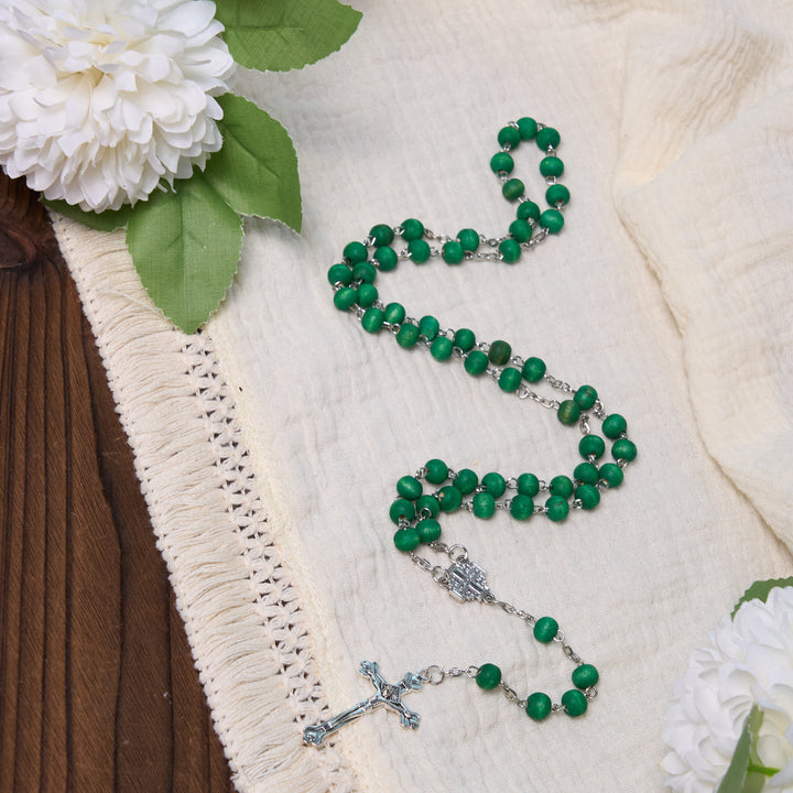 Jerusalem Medal & Crucifix of 7 mm Round White Rosewood Alloy Chain Rosary - Green - image 4