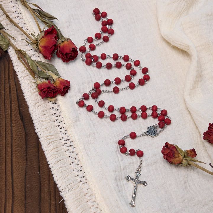 Jerusalem Medal & Crucifix of 7 mm Round White Rosewood Alloy Chain Rosary - image 13
