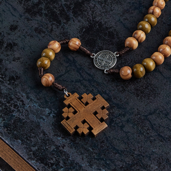 St. Benedict Medal & Jerusalem of 10 mm Round Brown Wood Nylon Cord Rosary - image 5
