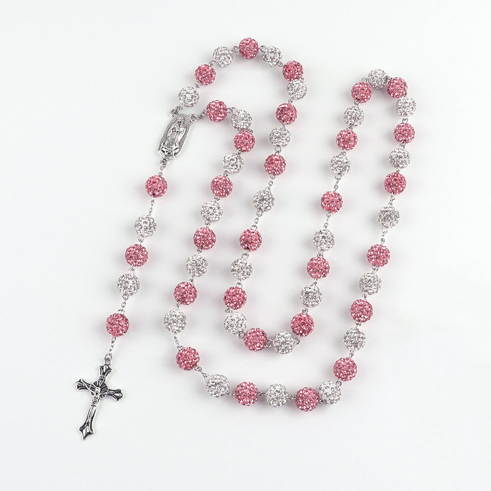 Our Lady of Guadalupe & Crucifix of 10 mm Round Pink White Polymer Clay Alloy Chain Rosary