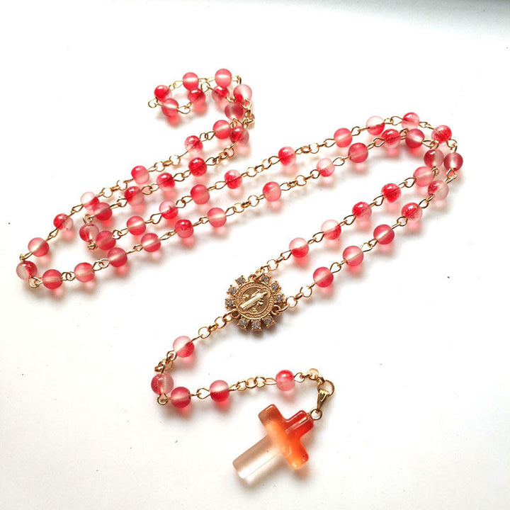 St. Benedict Medal & Cross of 6 mm Round Red Glass Alloy Chain Rosary