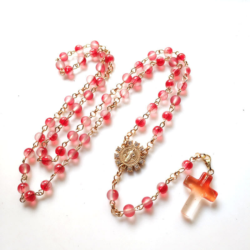 St. Benedict Medal & Cross of 6 mm Round Red Glass Alloy Chain Rosary
