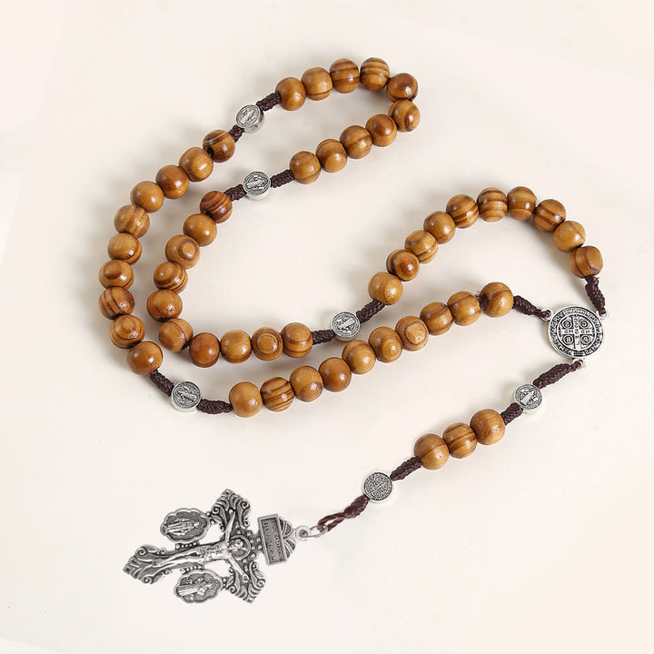 St. Benedict Medal & Pardon Crucifix of 10 mm Round Brown Wood Nylon Cord Rosary