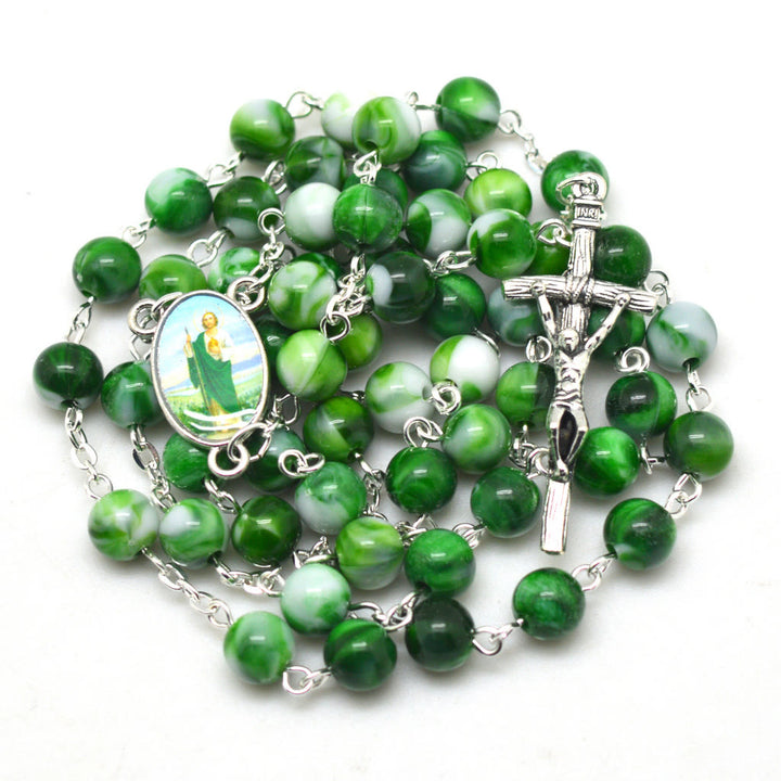 Saint Jude Thaddeus & Crucifix of 8 mm Round Green Acrylic Alloy Chain Rosary