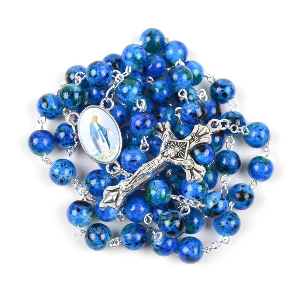 Assumption of Our Lady & Pardon Crucifix of 6 mm Round Blue Natural Stone Alloy Chain Rosary