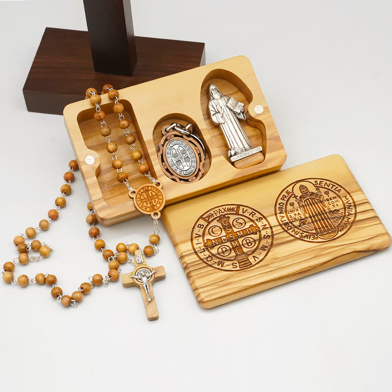 Classic Style Devotional St. Benedict Olive Wood Rosary Set