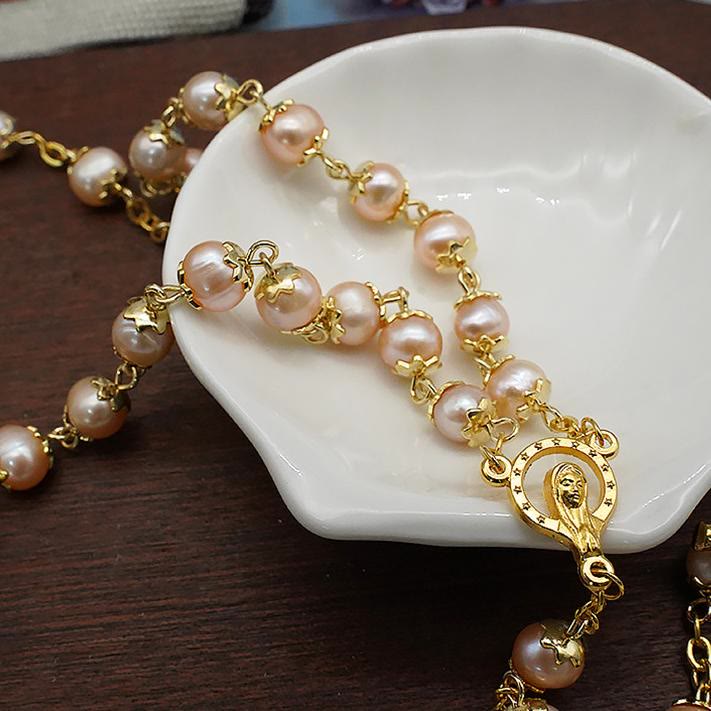 Virgin Mary & Crucifix of 7*8 mm Round Champagne Pearl Alloy Chain Rosary