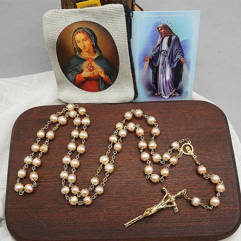 Virgin Mary & Crucifix of 7*8 mm Round Champagne Pearl Alloy Chain Rosary