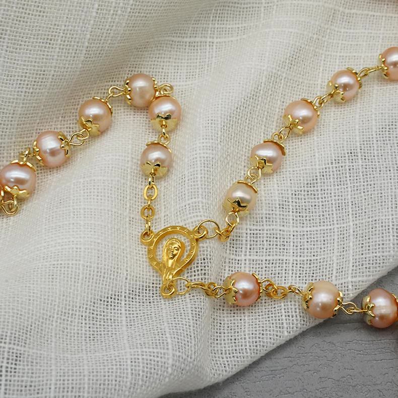 Virgin Mary & Crucifix of 7*8 mm Round Champagne Pearl Alloy Chain Rosary